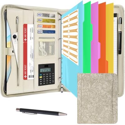 Leathario Pasta de conferências organizador pessoal de viagem portfólio de A4 documentos com fecho de correr com painel de escrita calculadora solar Leathario Pasta de conferências organizador pessoal de viagem portfólio de A4 documentos com fecho de correr com painel de escrita calculadora solar