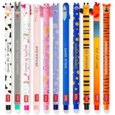 Legami Conjunto de 11 canetas de gel apagáveis com ponta de 0,7 mm, várias cores de tinta e desenhos de animais, quinta, tigre, borboleta, tubarão, etc Legami Conjunto de 11 canetas de gel apagáveis com ponta de 0,7 mm, várias cores de tinta e desenhos de animais, quinta, tigre, borboleta, tubarão, etc