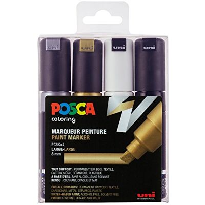Uni-Ball POSCA Marcadores acrílicos PC-8K, conjunto de 4, ponta em cunha de 8 mm Uni-Ball POSCA Marcadores acrílicos PC-8K, conjunto de 4, ponta em cunha de 8 mm