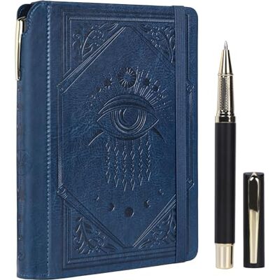 TIEFOSSI Diário de riscas para mulheres e homens, diário de couro com caneta esferográfica, caderno de capa dura A5 com o mal-olhado para trabalhar, escrever, viajar e estudar, 14,8 x 21 cm TIEFOSSI Diário de riscas para mulheres e homens, diário de couro com caneta esferográfica, caderno de capa dura A5 com o mal-olhado para trabalhar, escrever, viajar e estudar, 14,8 x 21 cm