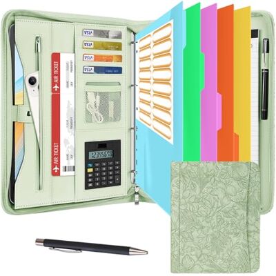 Leathario Pasta de conferências organizador pessoal de viagem portfólio de A4 documentos com fecho de correr com painel de escrita calculadora solar Leathario Pasta de conferências organizador pessoal de viagem portfólio de A4 documentos com fecho de correr com painel de escrita calculadora solar
