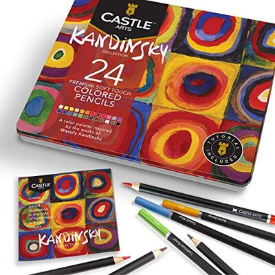 Castle Arts 24 lápis de cor numa caixa de metal, inspirada em Kandinsky. Perfeito para desenhar, esboçar, colorir. Com núcleos macios, mistura superior e conjunto de camadas Castle Arts 24 lápis de cor numa caixa de metal, inspirada em Kandinsky. Perfeito para desenhar, esboçar, colorir. Com núcleos macios, mistura superior e conjunto de camadas