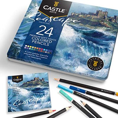 Castle Arts 24 lápis de cor num estojo de metal, cores Seascape perfeitas para desenhar, esboçar, colorir. Com núcleos macios, mistura superior e conjunto de camadas Castle Arts 24 lápis de cor num estojo de metal, cores Seascape perfeitas para desenhar, esboçar, colorir. Com núcleos macios, mistura superior e conjunto de camadas