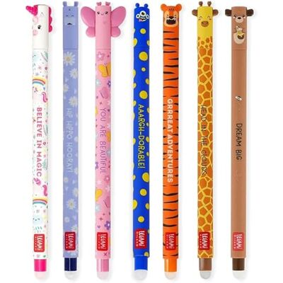 Legami Conjunto de 7 canetas de gel apagáveis com tinta de apagamento termossensível, de tinta e desenhos de barril, ponta de 0,7 mm, desenhos de unicórnio, hipopótamo, borboleta, corgi, Legami Conjunto de 7 canetas de gel apagáveis com tinta de apagamento termossensível, de tinta e desenhos de barril, ponta de 0,7 mm, desenhos de unicórnio, hipopótamo, borboleta, corgi,