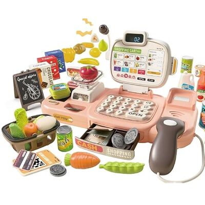 YGVQN Caixa registadora de brinquedos com scanner e som, conjunto completo de 72 acessórios (calculadora, POS, dinheiro falso) e música interativa, conjunto de papéis para crianças 3+ anos presente educativo YGVQN Caixa registadora de brinquedos com scanner e som, conjunto completo de 72 acessórios (calculadora, POS, dinheiro falso) e música interativa, conjunto de papéis para crianças 3+ anos presente educativo