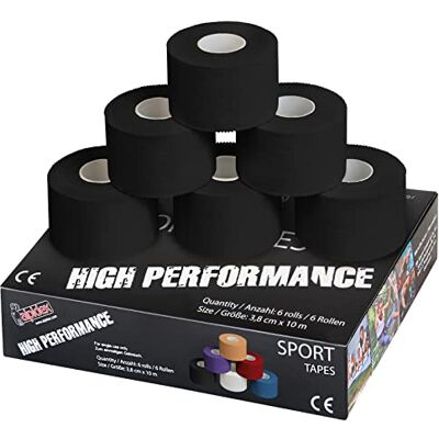 ALPIDEX 6 x fita adesiva desportiva 3,8 cm x 10 m Sport Tape 100 % algodão elástico basquetebol futebol voleibol escalada, cor: preto ALPIDEX 6 x fita adesiva desportiva 3,8 cm x 10 m Sport Tape 100 % algodão elástico basquetebol futebol voleibol escalada, cor: preto