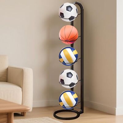 Kleemeiero Suporte para bolas de basquetebol, suporte bola basquetebol vertical de 5 níveis, prateleira de bolas de metal, prateleira de armazenamento de bolas para basquetebol, futebol e voleibol Kleemeiero Suporte para bolas de basquetebol, suporte bola basquetebol vertical de 5 níveis, prateleira de bolas de metal, prateleira de armazenamento de bolas para basquetebol, futebol e voleibol