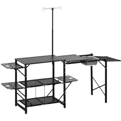 Outsunny Mesa de cozinha de campismo de 3 níveis 173 x 52 x 80 174 cm Mesa de campismo dobrável com lavatório, prateleiras de armazenamento, suporte para lâmpada, bolsa de transporte para Outsunny Mesa de cozinha de campismo de 3 níveis 173 x 52 x 80 174 cm Mesa de campismo dobrável com lavatório, prateleiras de armazenamento, suporte para lâmpada, bolsa de transporte para