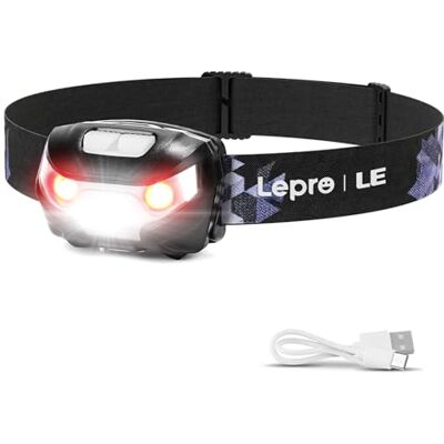 Lepro Lanterna frontal LED USB recarregável, lanterna de cabeça 5 modos de luz (branco e vermelho), impermeável IPX4, frontal LED recarregável para pesca, ciclismo, corrida, esporte noturno Lepro Lanterna frontal LED USB recarregável, lanterna de cabeça 5 modos de luz (branco e vermelho), impermeável IPX4, frontal LED recarregável para pesca, ciclismo, corrida, esporte noturno