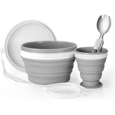 Odoland Kit de Louça para Acampamento para 1 Pessoa com Tigela Dobrável de Silicone e Caneca de Viagem com Tampa, Colher de Salada de Aço INOX, para Acampamento, Piquenique, Caminhadas, Viagem Odoland Kit de Louça para Acampamento para 1 Pessoa com Tigela Dobrável de Silicone e Caneca de Viagem com Tampa, Colher de Salada de Aço INOX, para Acampamento, Piquenique, Caminhadas, Viagem