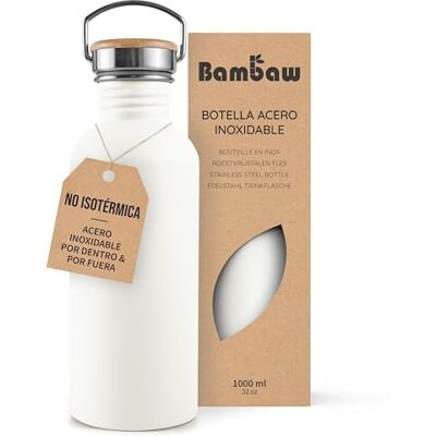 Bambaw Garrafa de água de aço inoxidável 1 litro não térmica, branca, desportiva, para ginásio, metal branco polar Bambaw Garrafa de água de aço inoxidável 1 litro não térmica, branca, desportiva, para ginásio, metal branco polar