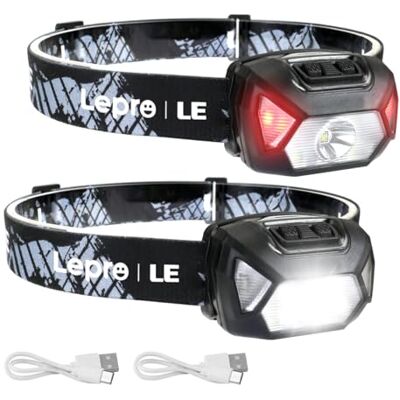 Lepro Lanterna frontal LED recarregável 2000lux (2 Pack), Lanterna de cabeça USB recarregável D500, 6 modos de luz com luz vermelha, impermeável IPX4, lanterna frontal de cabeça para correr, campismo Lepro Lanterna frontal LED recarregável 2000lux (2 Pack), Lanterna de cabeça USB recarregável D500, 6 modos de luz com luz vermelha, impermeável IPX4, lanterna frontal de cabeça para correr, campismo