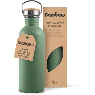 Bambaw Garrafa de água de aço inoxidável de 24 onças, verde, adequada para máquina de lavar louça, não isolada, sem palhinha, cor verde sálvia Bambaw Garrafa de água de aço inoxidável de 24 onças, verde, adequada para máquina de lavar louça, não isolada, sem palhinha, cor verde sálvia