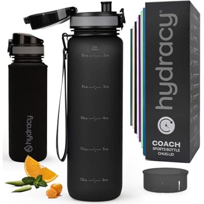Hydracy Garrafa de água com marcador de tempo, 1 l garrafa de água desportiva sem BPA, garrafa de ginásio anti-fugas com capa antitranspirante e coador de infusão Hydracy Garrafa de água com marcador de tempo, 1 l garrafa de água desportiva sem BPA, garrafa de ginásio anti-fugas com capa antitranspirante e coador de infusão