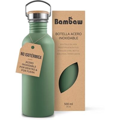 Bambaw Garrafa de água de aço inoxidável 500 ml, não térmica, garrafa de água verde, garrafa de água para crianças, garrafa de água desportiva, garrafa de bicicleta verde-sálvia Bambaw Garrafa de água de aço inoxidável 500 ml, não térmica, garrafa de água verde, garrafa de água para crianças, garrafa de água desportiva, garrafa de bicicleta verde-sálvia