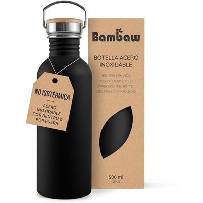 Bambaw Garrafa de água de aço inoxidável 500 ml, não térmica, garrafa de água preta, garrafa de água para crianças, garrafa de água desportiva, garrafa de metal, preto total Bambaw Garrafa de água de aço inoxidável 500 ml, não térmica, garrafa de água preta, garrafa de água para crianças, garrafa de água desportiva, garrafa de metal, preto total