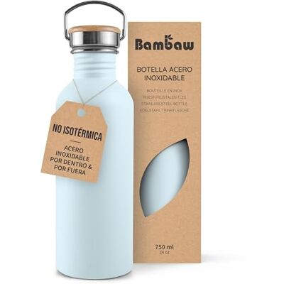 Bambaw Garrafa de água de aço inoxidável 750 ml, não térmica, garrafa de água azul claro desportiva e reutilizável, azul celeste Bambaw Garrafa de água de aço inoxidável 750 ml, não térmica, garrafa de água azul claro desportiva e reutilizável, azul celeste