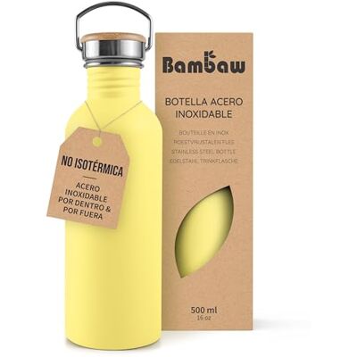 Bambaw Garrafa de água em aço inoxidável 500 ml, não térmica, amarela para crianças e ginásio, reutilizável cor girassol Bambaw Garrafa de água em aço inoxidável 500 ml, não térmica, amarela para crianças e ginásio, reutilizável cor girassol
