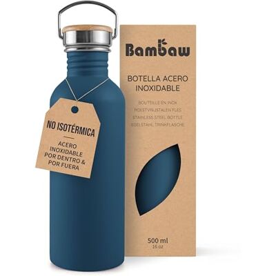 Bambaw Garrafa de água de aço inoxidável 500 ml, não térmica, garrafa de água azul escuro, garrafa de água para crianças sem BPA, garrafa de água desportiva, garrafa reutilizável, azul índigo Bambaw Garrafa de água de aço inoxidável 500 ml, não térmica, garrafa de água azul escuro, garrafa de água para crianças sem BPA, garrafa de água desportiva, garrafa reutilizável, azul índigo