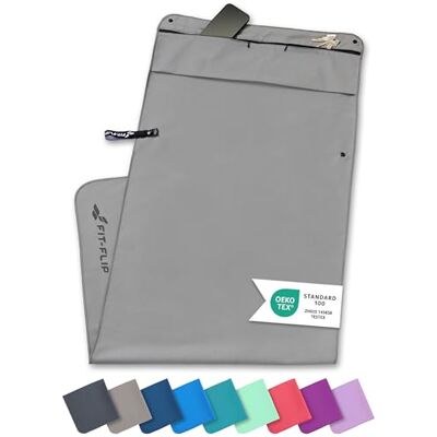 Fit-Flip Toalha Fitness Gym com Compartimento de Zíper + Clip magnético Multifuncional, de Secagem rápida e Leve As Toalhas de Microfibra para Yoga e Ginásio Cinza Fit-Flip Toalha Fitness Gym com Compartimento de Zíper + Clip magnético Multifuncional, de Secagem rápida e Leve As Toalhas de Microfibra para Yoga e Ginásio Cinza