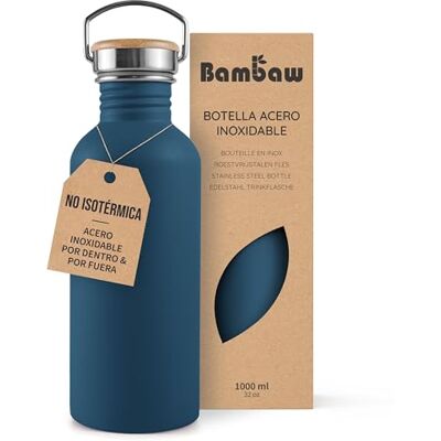 Bambaw Garrafa de água em aço inoxidável 1 litro não térmica, azul índigo, desportiva, reutilizável Bambaw Garrafa de água em aço inoxidável 1 litro não térmica, azul índigo, desportiva, reutilizável