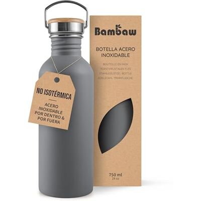 Bambaw Garrafa de água de aço inoxidável, 750 ml, garrafa desportiva cinza, garrafa de água metálica sem isolamento, reutilizável, 750 ml, garrafa térmica sem BPA, à prova de fugas, cor cinza Bambaw Garrafa de água de aço inoxidável, 750 ml, garrafa desportiva cinza, garrafa de água metálica sem isolamento, reutilizável, 750 ml, garrafa térmica sem BPA, à prova de fugas, cor cinza