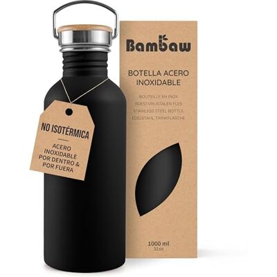Bambaw Garrafa de Água Aço Inoxidável 1 Litro Não Térmica, Preta, Desportiva, Reutilizável, Sem BPA Bambaw Garrafa de Água Aço Inoxidável 1 Litro Não Térmica, Preta, Desportiva, Reutilizável, Sem BPA
