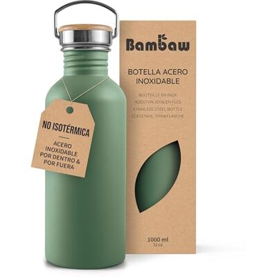 Bambaw Garrafa de água de aço inoxidável 1 litro não térmica, garrafa de água verde, garrafa de água desportiva, cantil de aço inoxidável, garrafa de desporto 1 litro, verde sálvia Bambaw Garrafa de água de aço inoxidável 1 litro não térmica, garrafa de água verde, garrafa de água desportiva, cantil de aço inoxidável, garrafa de desporto 1 litro, verde sálvia