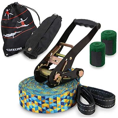 ALPIDEX Conjunto de Slackline 15 m + Protetor de Árvore e Protetor de Trinquete, Ideal para Crianças, Iniciantes e Especialistas ALPIDEX Conjunto de Slackline 15 m + Protetor de Árvore e Protetor de Trinquete, Ideal para Crianças, Iniciantes e Especialistas