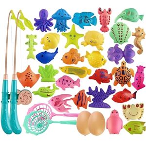 Ruutcasy Conjunto de 40 brinquedos de pesca magnéticos para crianças com cana de pesca e rede, peixes flutuantes de plástico para banheira Ruutcasy Conjunto de 40 brinquedos de pesca magnéticos para crianças com cana de pesca e rede, peixes flutuantes de plástico para banheira