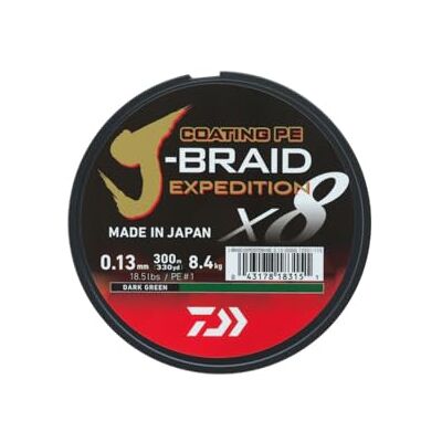Daiwa J-Braid Expedition X8E, 300 m, verde escuro/verde escuro, pedal trançado, fio de pesca Daiwa J-Braid Expedition X8E, 300 m, verde escuro/verde escuro, pedal trançado, fio de pesca