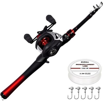 Kilitn Combo de cana de pesca e bobina, combinação de baitcasting carretel de baitcast 1,5 m cana telescópica de fibra de vidro durável com linha de pesca kits completos cabo confortável Kilitn Combo de cana de pesca e bobina, combinação de baitcasting carretel de baitcast 1,5 m cana telescópica de fibra de vidro durável com linha de pesca kits completos cabo confortável