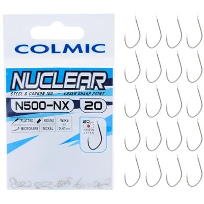 Colmic 20 anzóis de pesca nuclear em aço carbono N500NX, acabamento em níquel, Flatted, Round, Microbarb, Ideais para tendas e peixes de grande tamanho produto oficial Colmic 20 anzóis de pesca nuclear em aço carbono N500NX, acabamento em níquel, Flatted, Round, Microbarb, Ideais para tendas e peixes de grande tamanho produto oficial