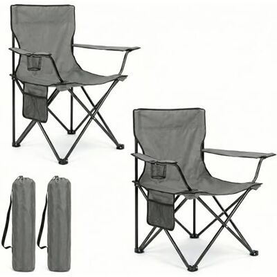 azorex Cadeira dobrável de campismo com costas e apoios de braços, 48 x 49 x 80 cm, porta-copos e bolso, ultraleve portátil para praia, pesca, jardim e excursões, inclui saco, cinzento, pack de 2 azorex Cadeira dobrável de campismo com costas e apoios de braços, 48 x 49 x 80 cm, porta-copos e bolso, ultraleve portátil para praia, pesca, jardim e excursões, inclui saco, cinzento, pack de 2