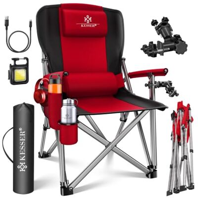 KESSER ® Cadeira de Campismo Dobrável até 60 kg, Estofada com Apoio de Braços, Luz de Campismo, Porta-copos, Bolsa com Encosto Alto, com Suporte para Vara de Pesca, Vermelho/Preto KESSER ® Cadeira de Campismo Dobrável até 60 kg, Estofada com Apoio de Braços, Luz de Campismo, Porta-copos, Bolsa com Encosto Alto, com Suporte para Vara de Pesca, Vermelho/Preto