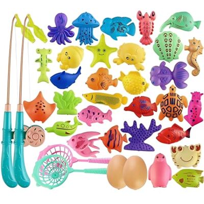 Ruutcasy Conjunto de 40 brinquedos de pesca magnéticos para crianças com cana de pesca e rede, peixes flutuantes de plástico para banheira Ruutcasy Conjunto de 40 brinquedos de pesca magnéticos para crianças com cana de pesca e rede, peixes flutuantes de plástico para banheira