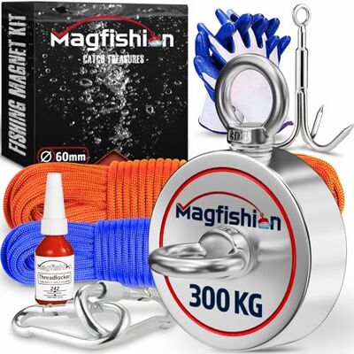 Magfishion Conjunto de pesca magnética 300 kg (2 x 150 kg) Ímanes neodímio poderosos com 2 cordas e luvas Íman de neodímio pesca magnética Magfishion Conjunto de pesca magnética 300 kg (2 x 150 kg) Ímanes neodímio poderosos com 2 cordas e luvas Íman de neodímio pesca magnética