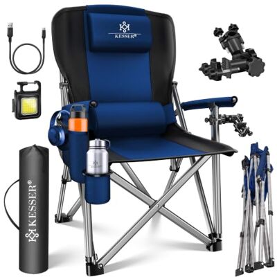 KESSER ® Cadeira de Campismo Dobrável até 60 kg, Estofada com Apoio de Braços, Luz de Campismo, Porta-copos, Bolsa com Encosto Alto, com Suporte para Vara de Pesca, Azul Marinho/Preto KESSER ® Cadeira de Campismo Dobrável até 60 kg, Estofada com Apoio de Braços, Luz de Campismo, Porta-copos, Bolsa com Encosto Alto, com Suporte para Vara de Pesca, Azul Marinho/Preto
