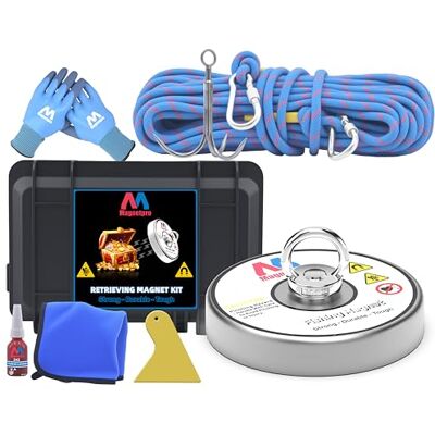 Magnetpro Conjunto completo de ímanes de recuperação de 770 kg, um íman de pesca de um lado que contém um forte íman de neodímio, corda durável de 20 metros, mosquetão, luvas, gancho e uma bolsa Magnetpro Conjunto completo de ímanes de recuperação de 770 kg, um íman de pesca de um lado que contém um forte íman de neodímio, corda durável de 20 metros, mosquetão, luvas, gancho e uma bolsa
