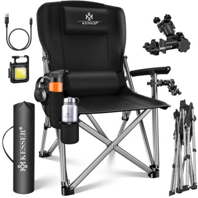 KESSER ® Cadeira de Campismo Dobrável até 60 kg, Estofada com Apoio de Braços, Luz de Campismo, Porta-copos, Bolsa com Encosto Alto, com Suporte para Vara de Pesca, Preto/Preto KESSER ® Cadeira de Campismo Dobrável até 60 kg, Estofada com Apoio de Braços, Luz de Campismo, Porta-copos, Bolsa com Encosto Alto, com Suporte para Vara de Pesca, Preto/Preto