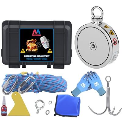 Magnetpro Conjunto completo de ímanes de recuperação de 900 kg, íman de pesca frente e verso, inclui um forte íman de neodímio, corda de 20 metros, mosquetão, luvas, gancho e uma bolsa de transporte Magnetpro Conjunto completo de ímanes de recuperação de 900 kg, íman de pesca frente e verso, inclui um forte íman de neodímio, corda de 20 metros, mosquetão, luvas, gancho e uma bolsa de transporte
