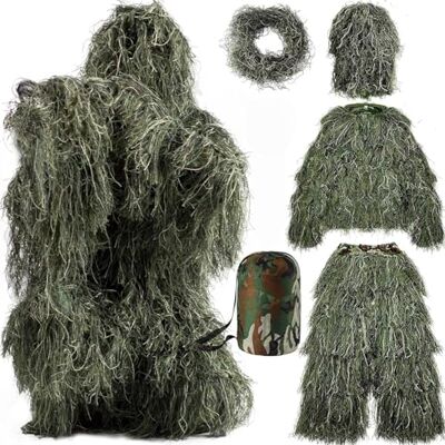 Beler Ghillie Fato de camuflagem 3D de 5 peças, fato de caça, traje de camuflagem para caça, floresta e tático, conjunto de camuflagem com casaco, calças, cabeça Beler Ghillie Fato de camuflagem 3D de 5 peças, fato de caça, traje de camuflagem para caça, floresta e tático, conjunto de camuflagem com casaco, calças, cabeça