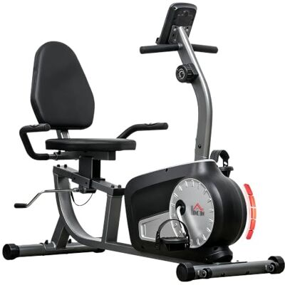HOMCOM Bicicleta estática com encosto ajustável assento regulável Bicicleta estática reclinada, 8 níveis de resistência magnética, sensor de pulso, ecrã LCD, rodas, casa ginástica HOMCOM Bicicleta estática com encosto ajustável assento regulável Bicicleta estática reclinada, 8 níveis de resistência magnética, sensor de pulso, ecrã LCD, rodas, casa ginástica