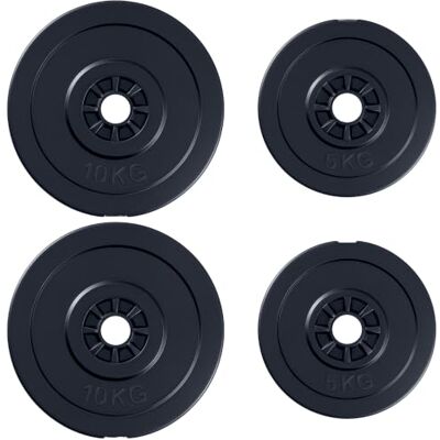 HOMCOM Conjunto de 4 discos de pesos 2 x 5 kg e 2 x 10 kg orifício Ø 25 mm Conjunto de placas de peso, para barra ou mancordões, treino de força, levantamento de pesos HOMCOM Conjunto de 4 discos de pesos 2 x 5 kg e 2 x 10 kg orifício Ø 25 mm Conjunto de placas de peso, para barra ou mancordões, treino de força, levantamento de pesos