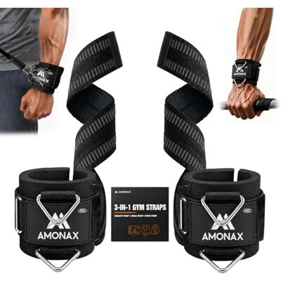 Amonax 3 em 1 alças de levantamento de peso, alças de tornozelo para máquinas de cabo, braceletes de ginásio acolchoadas para máquinas de cabo, correias de fitness com anel em D triangular e Amonax 3 em 1 alças de levantamento de peso, alças de tornozelo para máquinas de cabo, braceletes de ginásio acolchoadas para máquinas de cabo, correias de fitness com anel em D triangular e