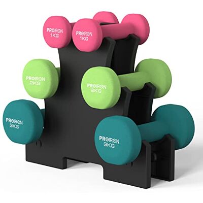 PROIRON Mancuernas de Neopreno Conjunto de 12kg, 3 Pares de 2 x 1 kg, 2 x 2 kg e 2 x 3 kg com Suporte PROIRON Mancuernas de Neopreno Conjunto de 12kg, 3 Pares de 2 x 1 kg, 2 x 2 kg e 2 x 3 kg com Suporte