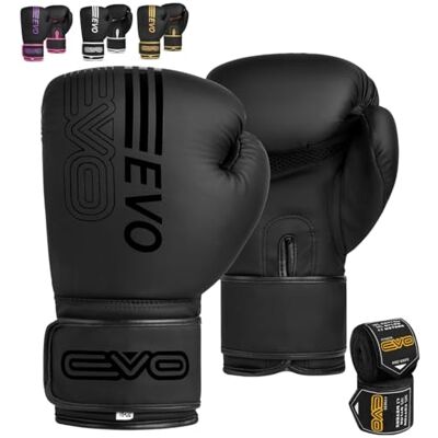 EVO Fitness Luvas de Boxe Pretas Fosco para Homens, Saco de Boxe, Mulheres, Rosa, Artes Marciais, Muay Thai, Artes Marciais, Kickboxing, Luvas de Luta com Bandagens para as Mãos (Preto, 10 OZ) EVO Fitness Luvas de Boxe Pretas Fosco para Homens, Saco de Boxe, Mulheres, Rosa, Artes Marciais, Muay Thai, Artes Marciais, Kickboxing, Luvas de Luta com Bandagens para as Mãos (Preto, 10 OZ)