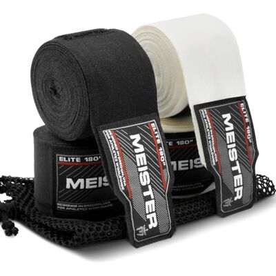 Meister Elite Faixas de mão para adultos de 180 polegadas para artes marciais mistas e boxe, pacote de 2 pares com saco de malha, cor preto/marfim vintage Meister Elite Faixas de mão para adultos de 180 polegadas para artes marciais mistas e boxe, pacote de 2 pares com saco de malha, cor preto/marfim vintage