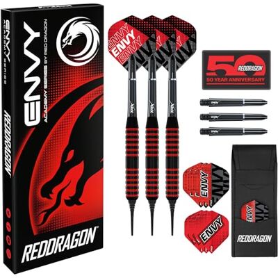 Dragon Darts Envy Series 18 g barril / 20 g peso completo preto e vermelho latão profissional conjunto de dardos ponta macia com penas, canas e capa Dragon Darts Envy Series 18 g barril / 20 g peso completo preto e vermelho latão profissional conjunto de dardos ponta macia com penas, canas e capa