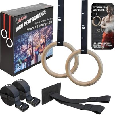 ALPIDEX Anéis de ginástica de madeira argolas para fazer exercício incluído âncora para porta e correias de fixação com marcas de comprimento ALPIDEX Anéis de ginástica de madeira argolas para fazer exercício incluído âncora para porta e correias de fixação com marcas de comprimento